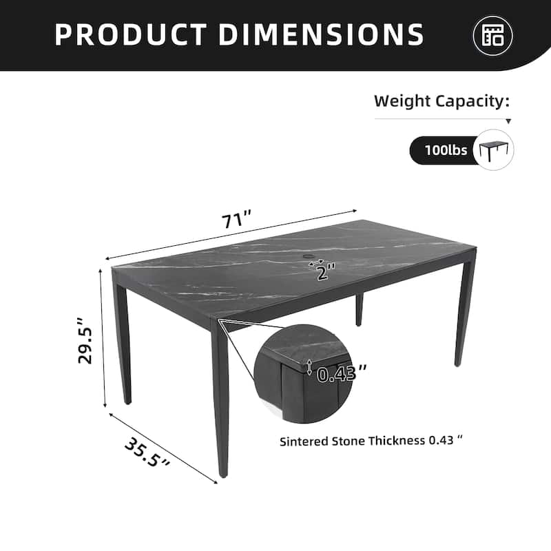 Outdoor Modern Patio 35.5"x71" Aluminum Dining table, Black Marble-Inspired Sintered Stone Top, Ember Black Finish
