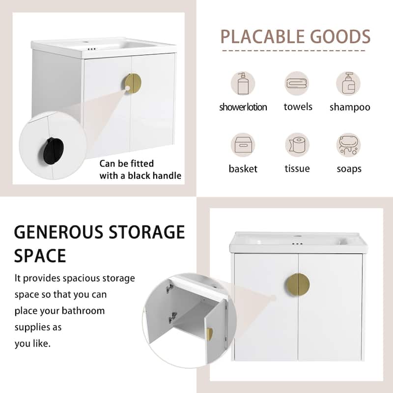 24/28 inch Wall Mounted Bathroom Vanity Set in White with Integrated Ceramic Sink