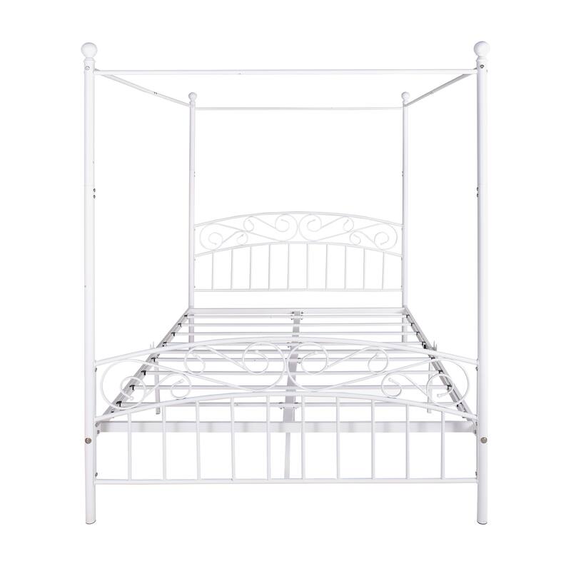 Metal Canopy Bed Frame with Ornate European Style Headboard & Footboard