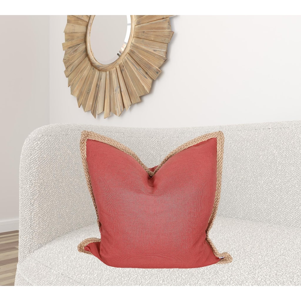 HomeRoots 24" X 24" Brown and Red Polyester Zippered Pillow with Jute Trim