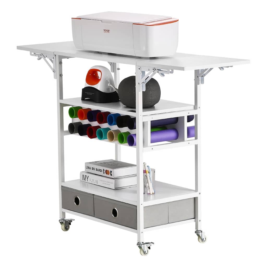 Crafting Table with Vinyl Roll Rack and Foldable Storage Organizer - 23.54” x 14.17” x 31.81”