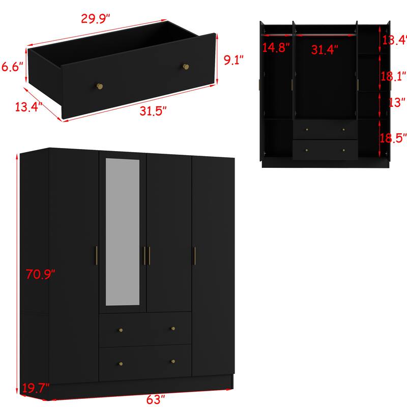 Timechee Wardrobe Armoire Wooden Closet with Mirror 4 Doors 2 Drawers