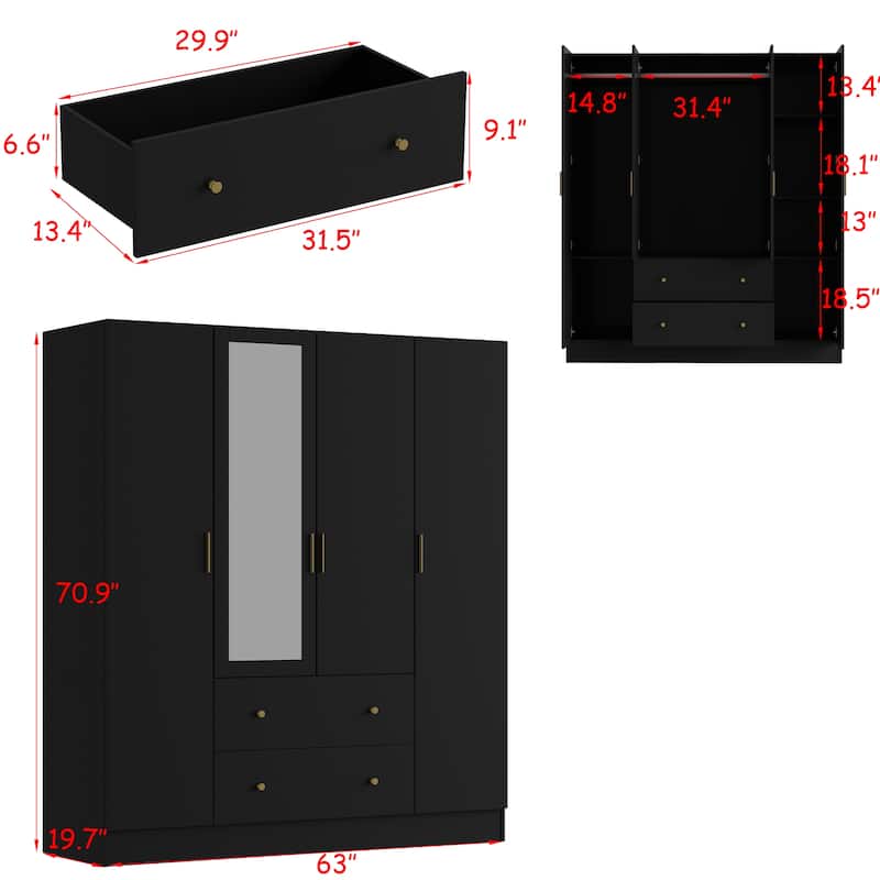 Wardrobe Armoire Wooden Closet with Mirror Storage Cubes Hanging Rod