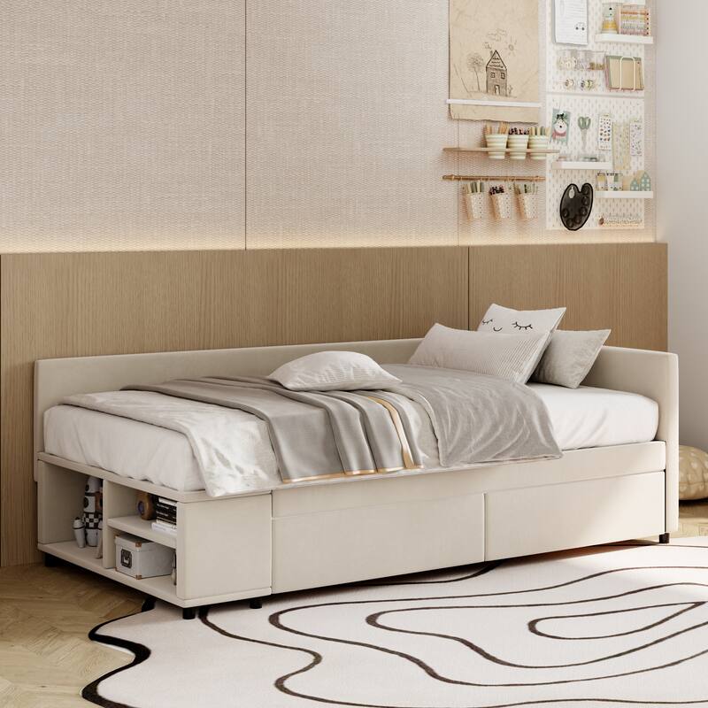 L-Shaped Twin Size Upholstered Platform Bed with Storage Drawers, Beige