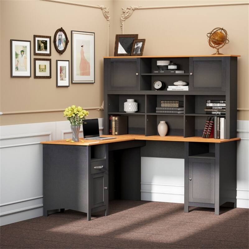 L-Shaped Black Computer Desk with Large Desktop and Storage Shelves for Home or Office