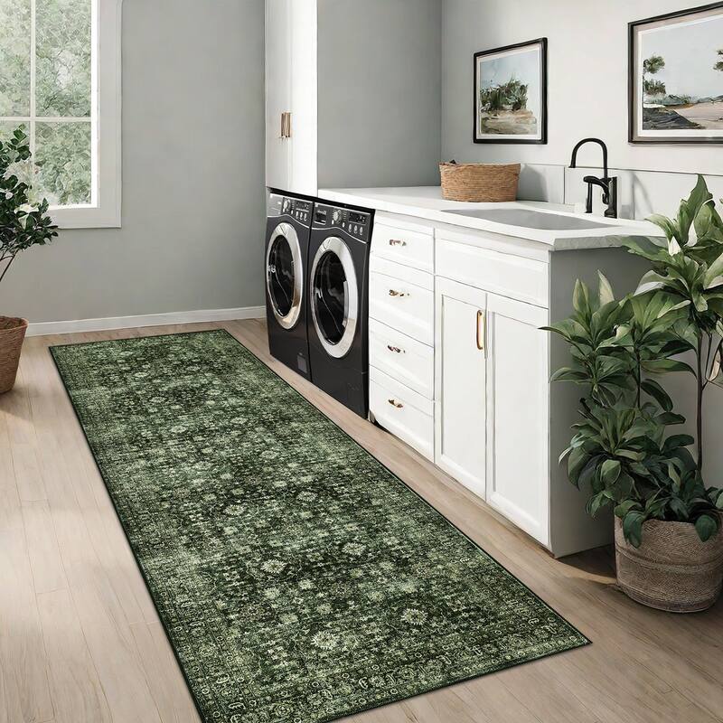 Vintage Floral Rug Non Slip Low Pile Area Rug Soft Throw Rugs for Living Room Bedroom - 2'x6' - Green