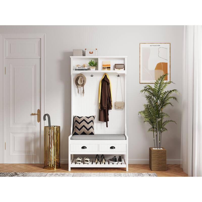 3 in 1 Hallway Hall Tree with 2 Storage Drawer and 4 Coat Rack