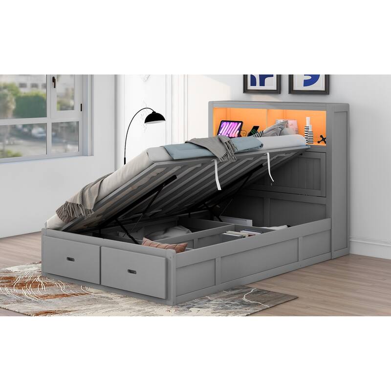 Full Size Hydraulic Platform Bed with Storage, LED Headboard, Charging Station, and 2 Drawers, Gray