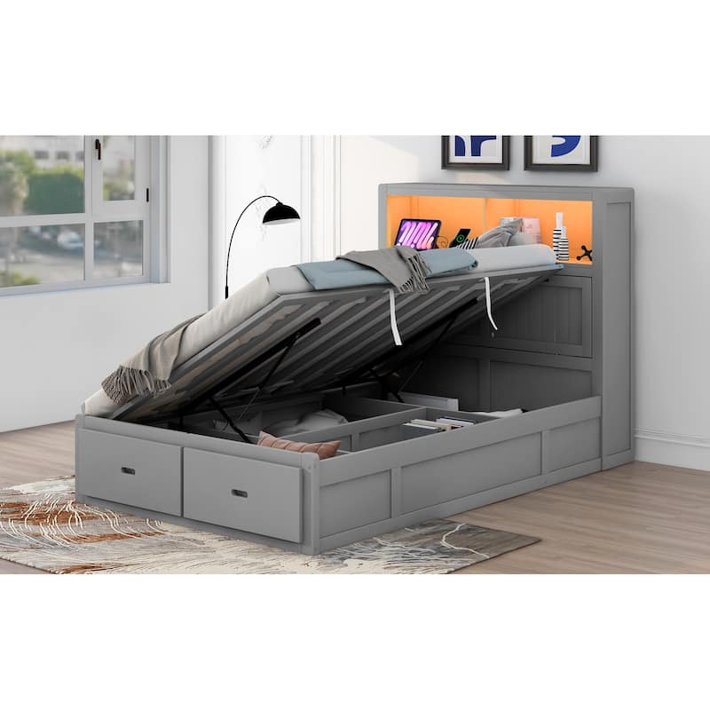 Wood Platform Bed Side Lift Up Hydraulic Storage Bed with 2 Drawers, Flip-top Headboard, Ambient Light Cabinet, Charging Station