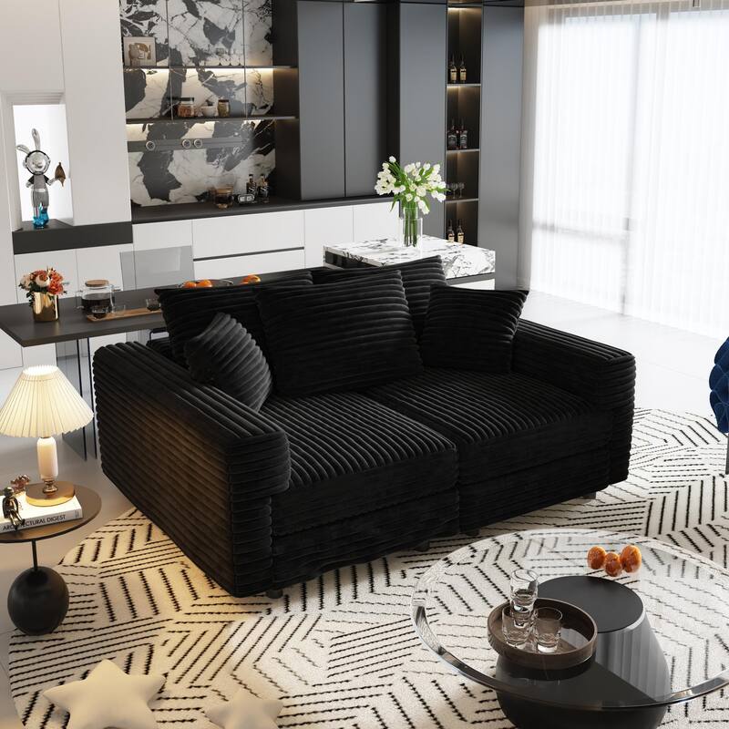 Plush Corduroy Upholstered 3 Seat Sofa , Convertible Deep Seat Lounge Sofa Chair, Cloud Sofa with 5 Soft Pillows