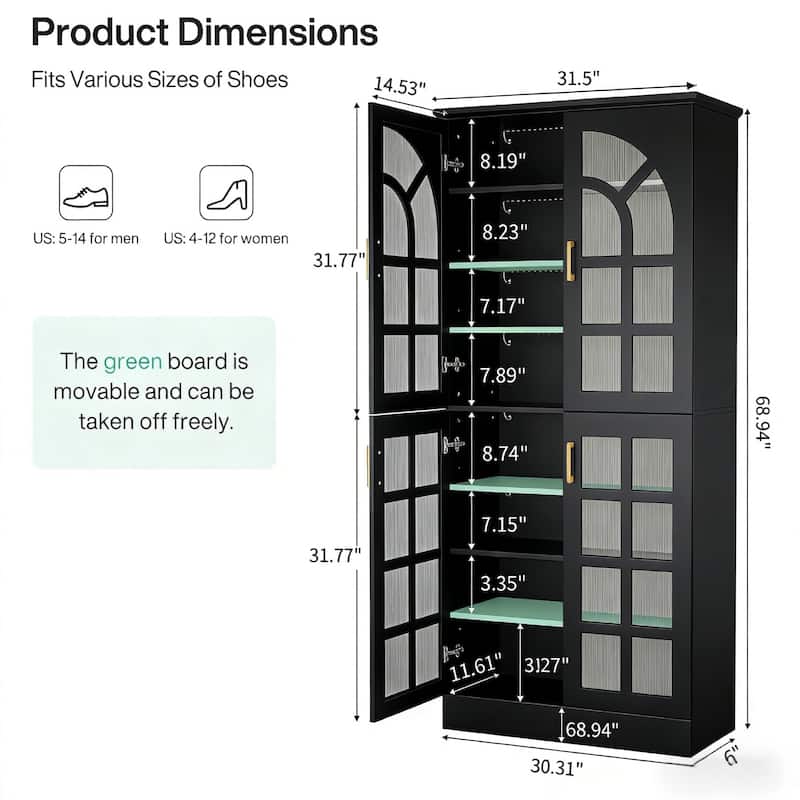 8-Tier Tall Shoe Storage Cabinet with Doors, Led Lights and Adjustable Shelves for Entryway, White