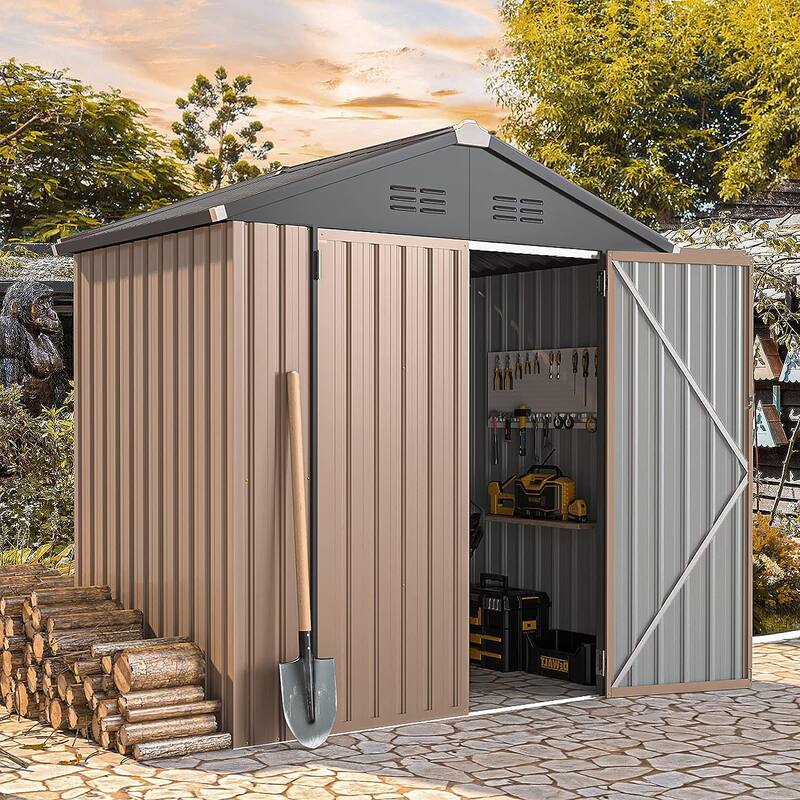 AECOJOY Outdoor Metal Storage Shed with Lockable Door - 6' x 4' - Grey