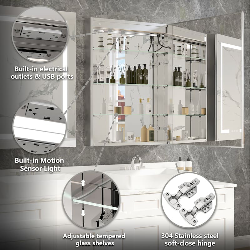 Rectangular Aluminum Recessed/Surface Mount Frameless Anti-Fog Medicine Cabinet with Dimmable LED Lights