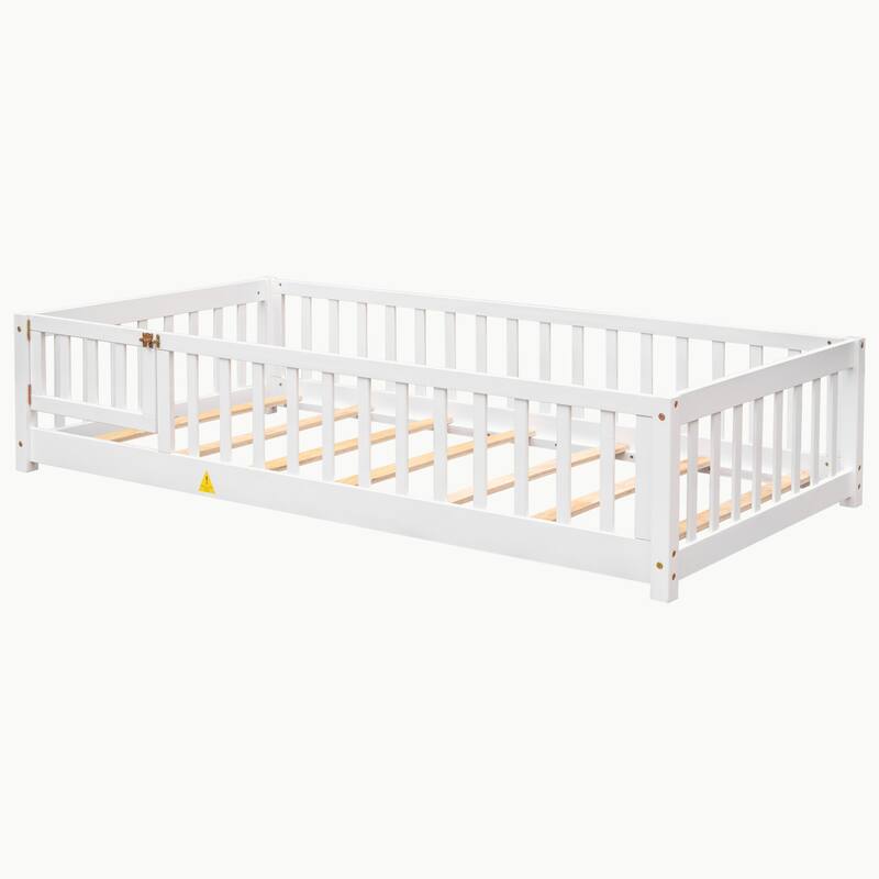 Pine Wood Floor Platform Bed with Fence and Door