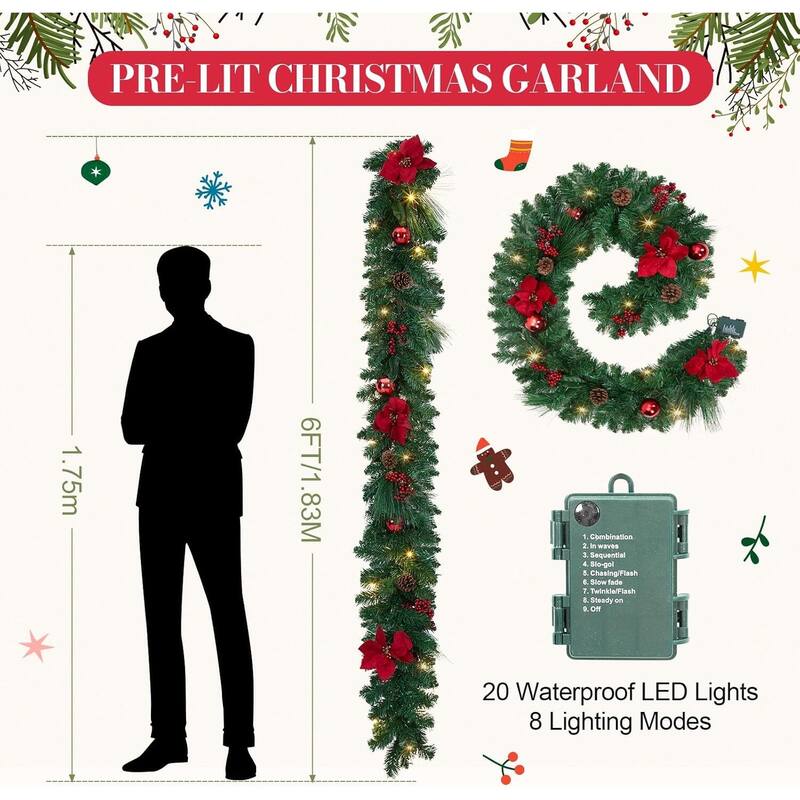 6 FT Artificial Christmas Garland with Red Flowers, Berries - N/A