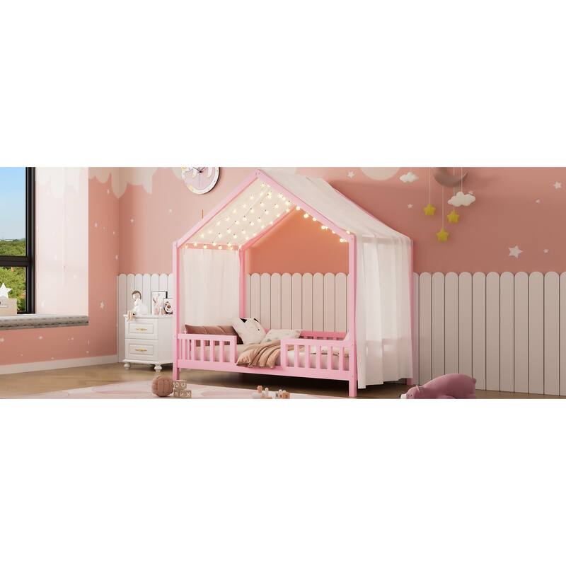 House-Shaped Twin Bed with Canopy and Railings for Kids, Pink Wooden Toddler Bed Frame