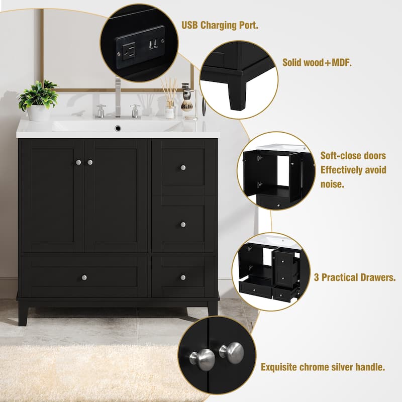 36 Inch Modern Bathroom Vanity with USB Charging, Two Doors and Three Drawers Bathroom Storage Vanity Cabinet