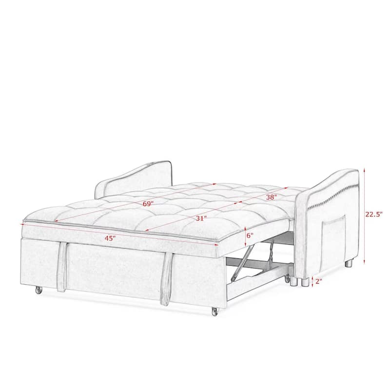 53" Foam Adjustable Loveseat Sofa Bed with Pull-Out Bed, USB/Type-C Charging, Copper Nail Trim, and Arm Storage Pockets