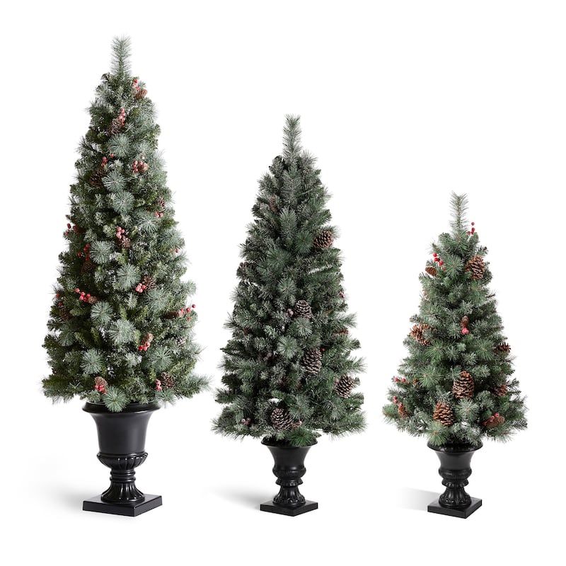 Glitzhome 4ft/5ft/6ft Flocked Pine Christmas Potted Porch Tree With Warm White Lights