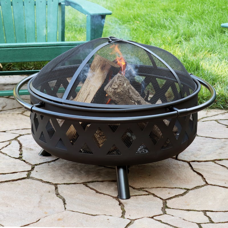 36" Fire Pit Steel with Black Finish Crossweave with Spark Screen