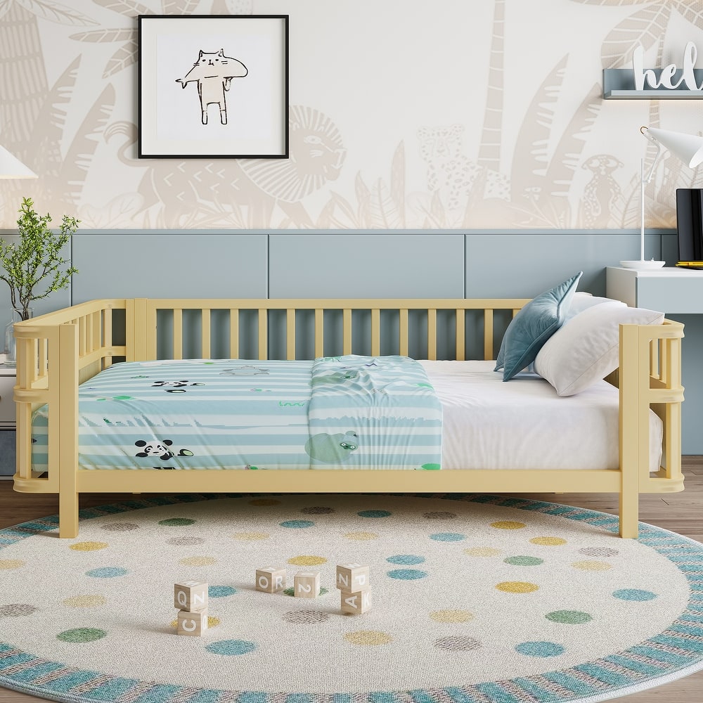 Twin Size Wooden Platform Bed with Railings - Low Profile Children's Bed for Boys & Girls