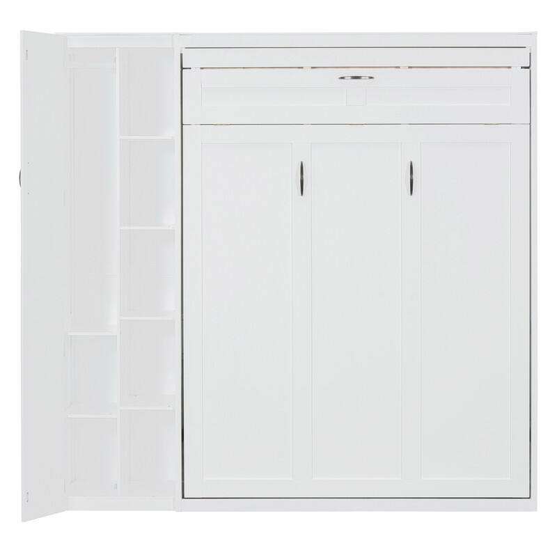 Full/Queen Size Murphy Bed Wall Bed with LED Lights and Storage Cabinet, Foldable Murphy Cabinet Bed with Open Storage Shelves