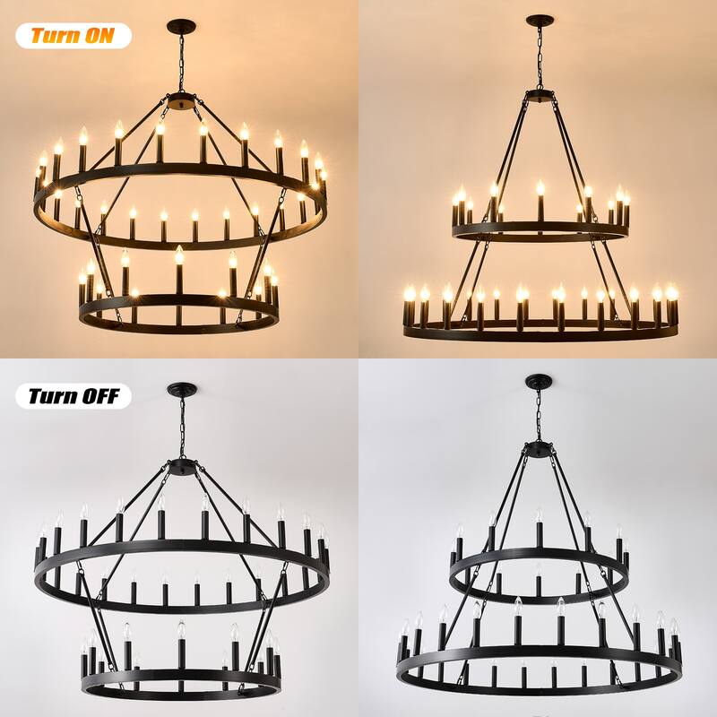 Farmhouse Industrial Style Ceiling Light, 2-Tier 36-Light Wagon Wheel Chandelier, for High-Ceilinged Living Rooms Dining Rooms
