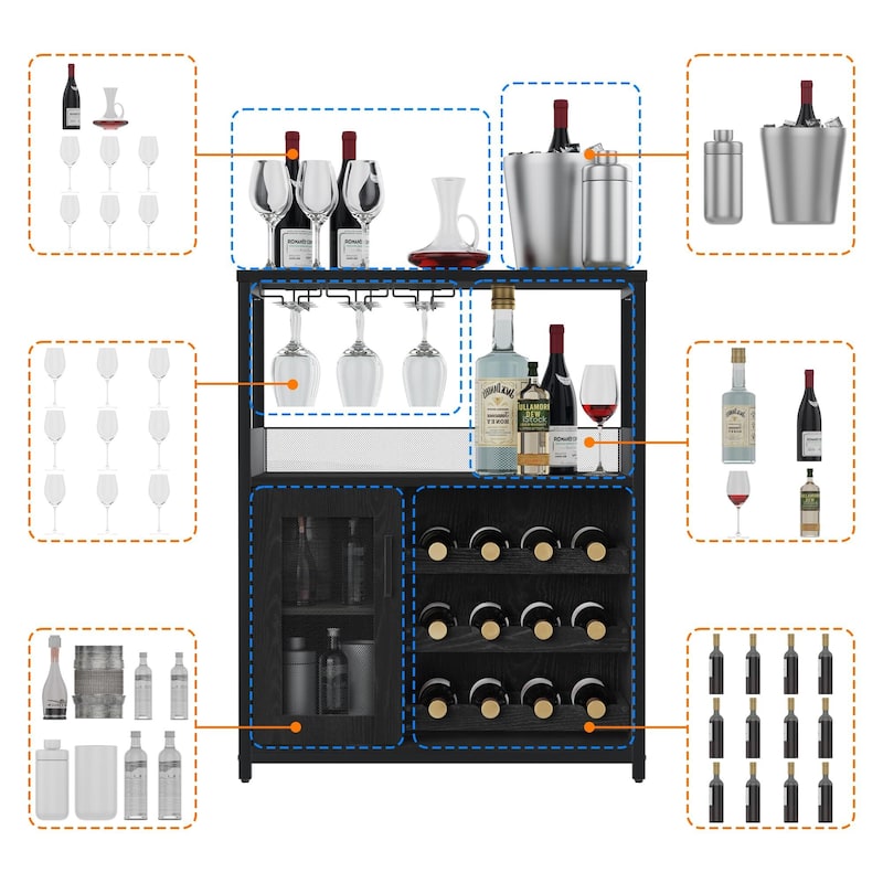3-Tier Wine Bar Cabinet with Storage, Wine Rack & Glass Holder, Small Liquor Cabinet for Home, Black Corner Storage with Shelves