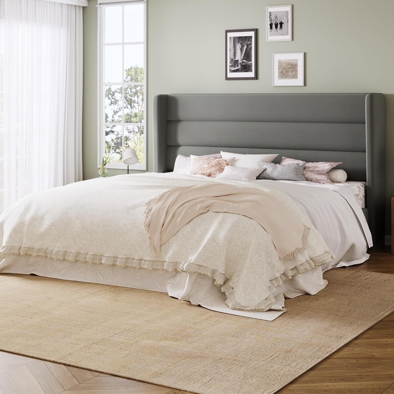 Queen Size Platform Bed Frame with Velvet Upholstered Wingback Headboard, Under Bed Storage, Easy Assembly, Grey