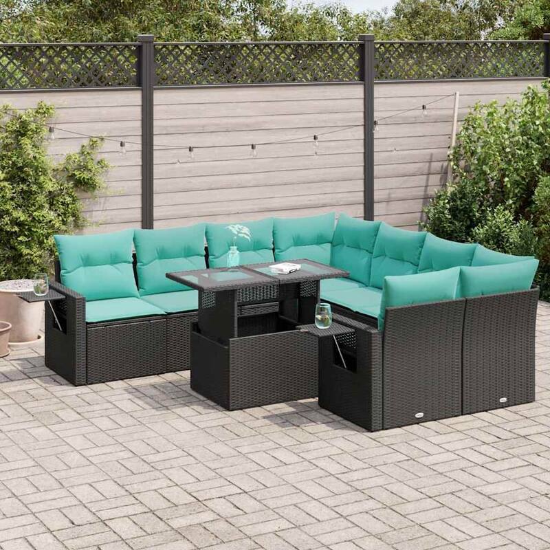 vidaXL Patio Sofa Set with Cushions Table and Couches 9 Piece Poly Rattan - 24.4 x 24.4 x 27.2 - Black with storage