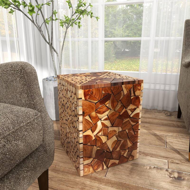 Brown Teak Wood Handmade Square Block Side End Accent Table with Mosaic Wood Chip Design