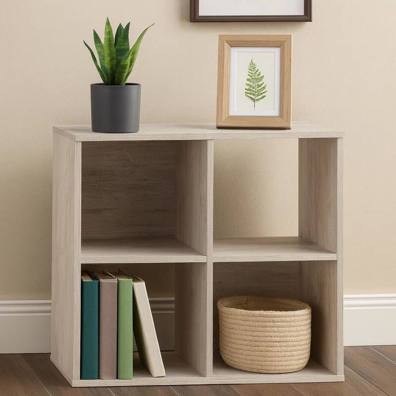 4 Cube Wooden Organizer with Grain Details, Washed White