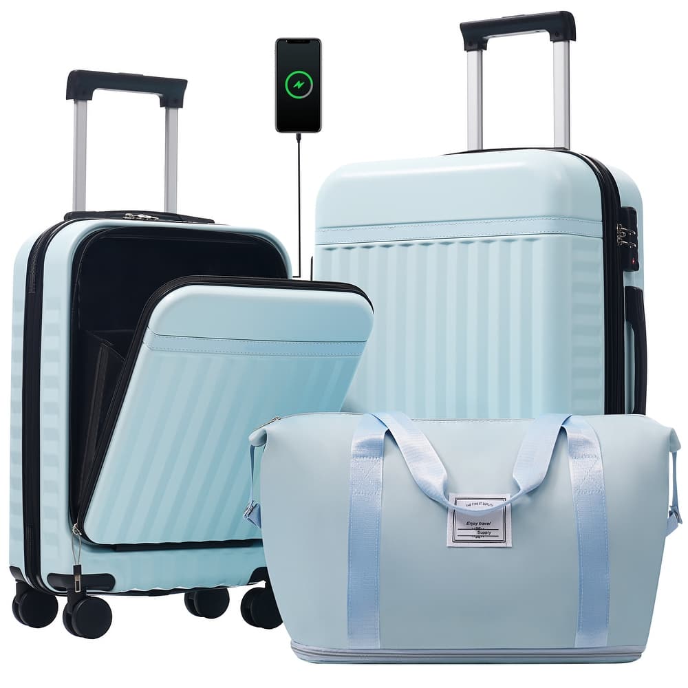 Front Opening Luggage Set 3 Piece,USB Port, Expandable Luggage with Handle Bag Spinner Wheels TSA Lock