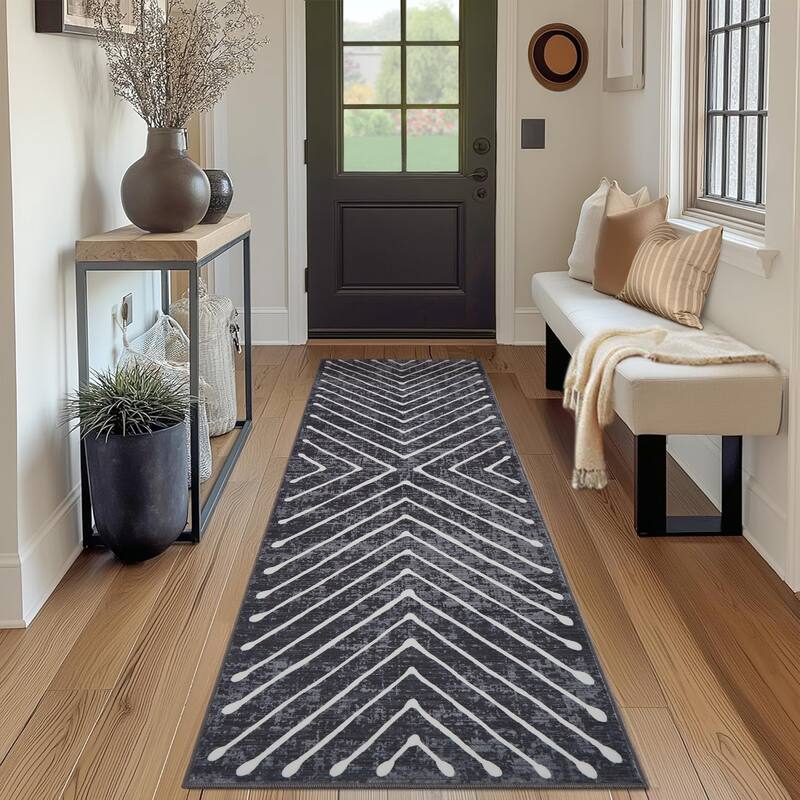 Modern Geometric Area Rug Farmhouse Stripe Area Rug Living Room Stain Resistant Non-Slip Carpet for Bedroom Dining Room