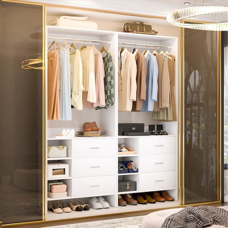 Cimly 30'' W Freestanding Closet Sytem with Hanging Rod, Closet Organizer with Drawers and Shelves - 2pcs - White