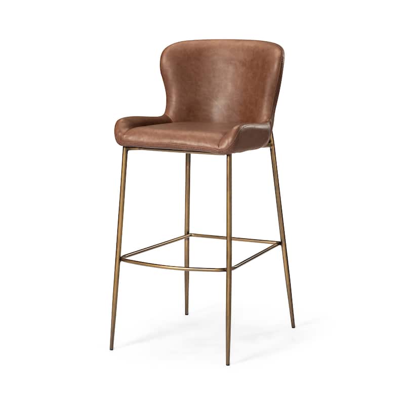 Maven Lane Naomi Metal Kitchen Dining Stool with Vegan Leather Upholstery - Antique Brass - Bar Height