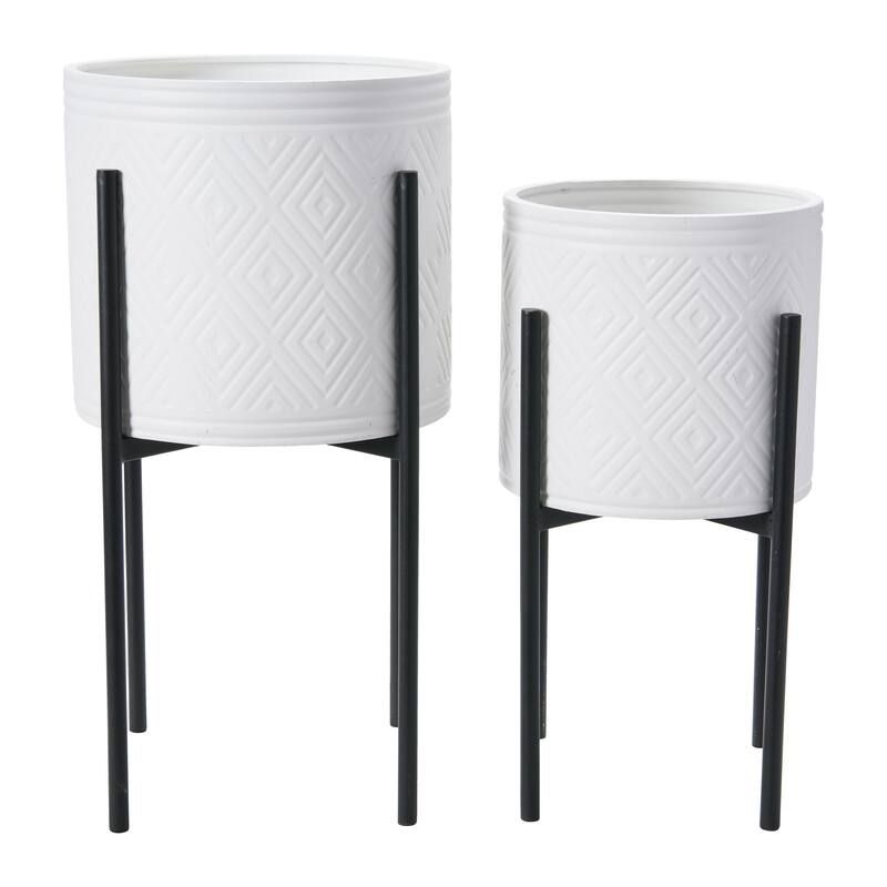 Embossed Metal Planters with Stand - White and Balck