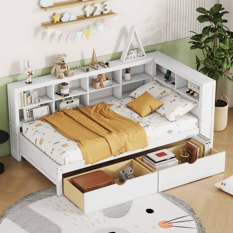 Multi-Shelf Daybed Bookcase Bed Frame with 2 Drawers, Twin, White - White - Twin