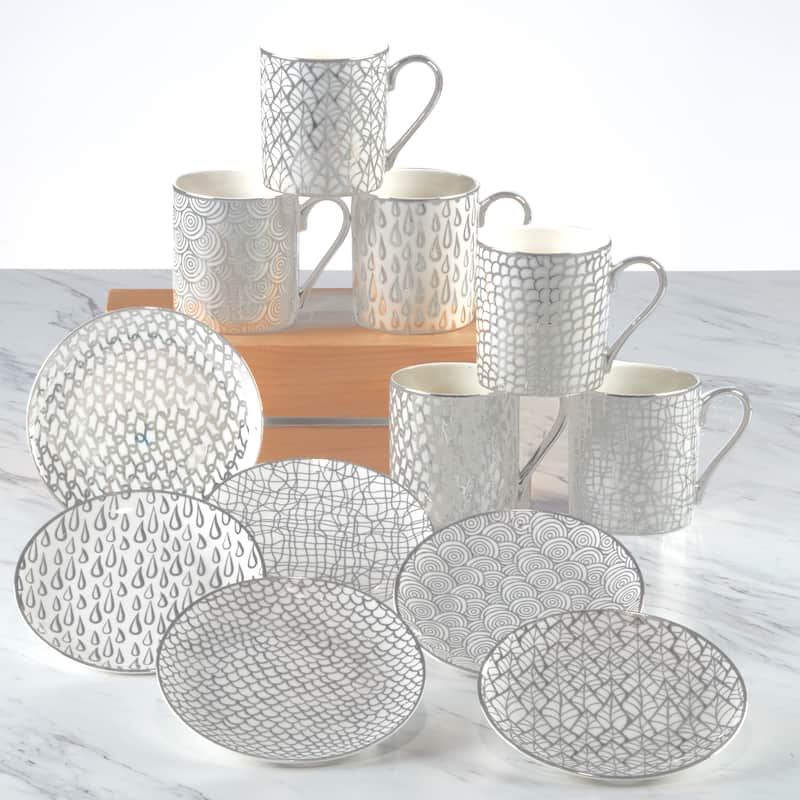 Certified International Mosaic Silver Plated Tapered 16 oz. Mugs, Set of 6 Assorted Designs