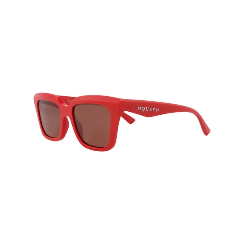 Alexander McQueen Square-Frame Recycled Acetate Sunglasses, Warm Brown Lens, Shiny Solid Red Frame