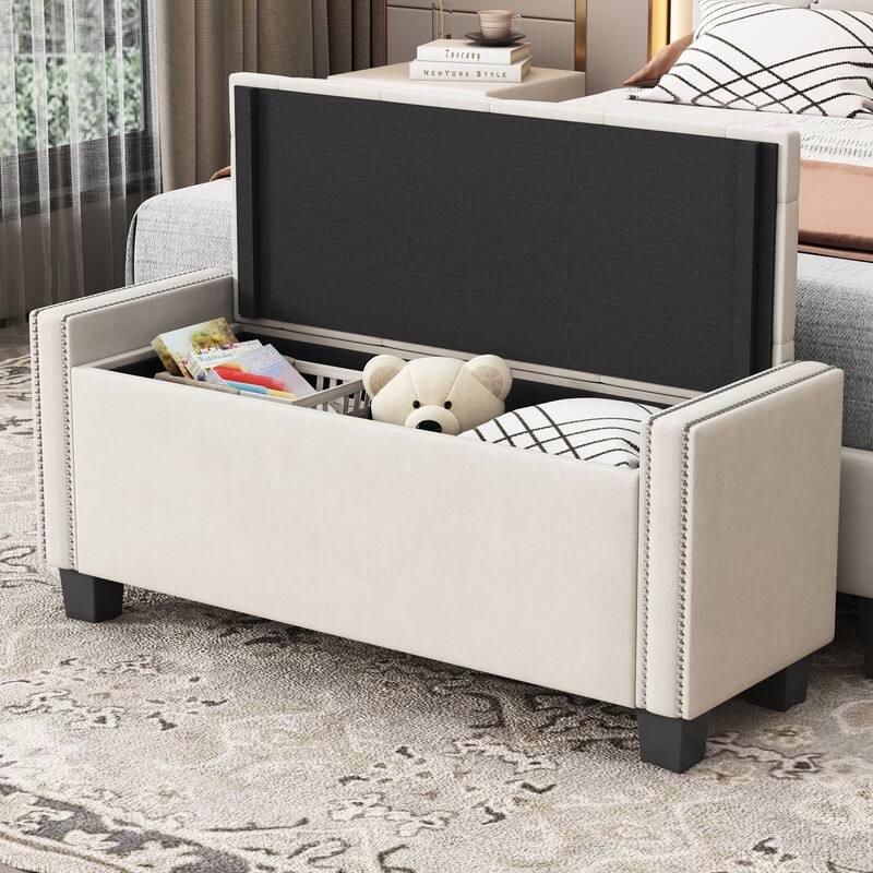 Modern Velvet Upholstered Storage Bench for Bedroom,Ottoman End of Bed Bench with Rivet Design