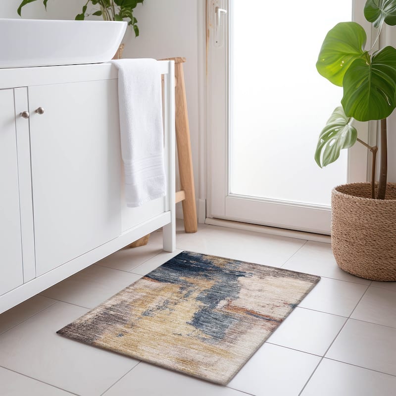 Machine Washable Indoor/ Outdoor Contemporary Abstract Chantille Rug - Gold - 1'8" x 2'6"