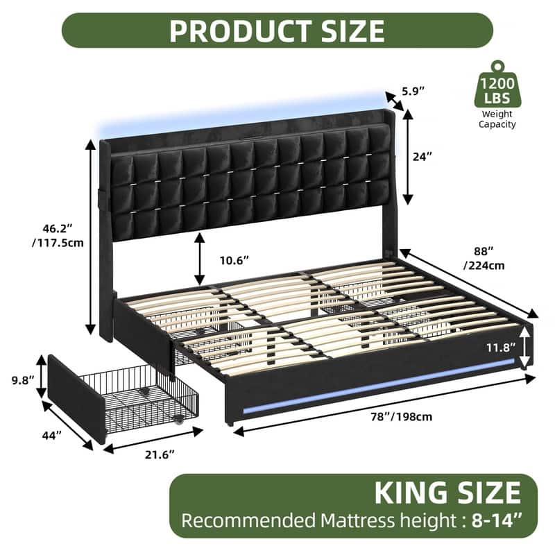 Moasis King Size Velvet Platform Bed with 4 Drawers,Bed Frames with RGB Light & Built-in Charging Station