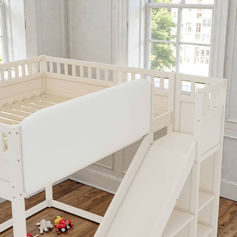 Loft Bed with Upholstered Headboard, Storage Shelves, Ladder and Slide, Solid Wood Frame