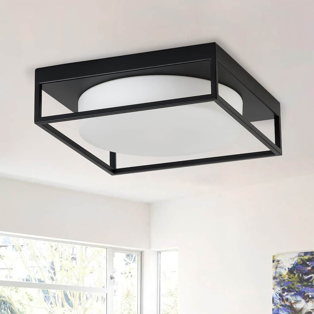 Farmhouse Square Metal Frame Flush Mount Ceiling Light with White Glass Shade