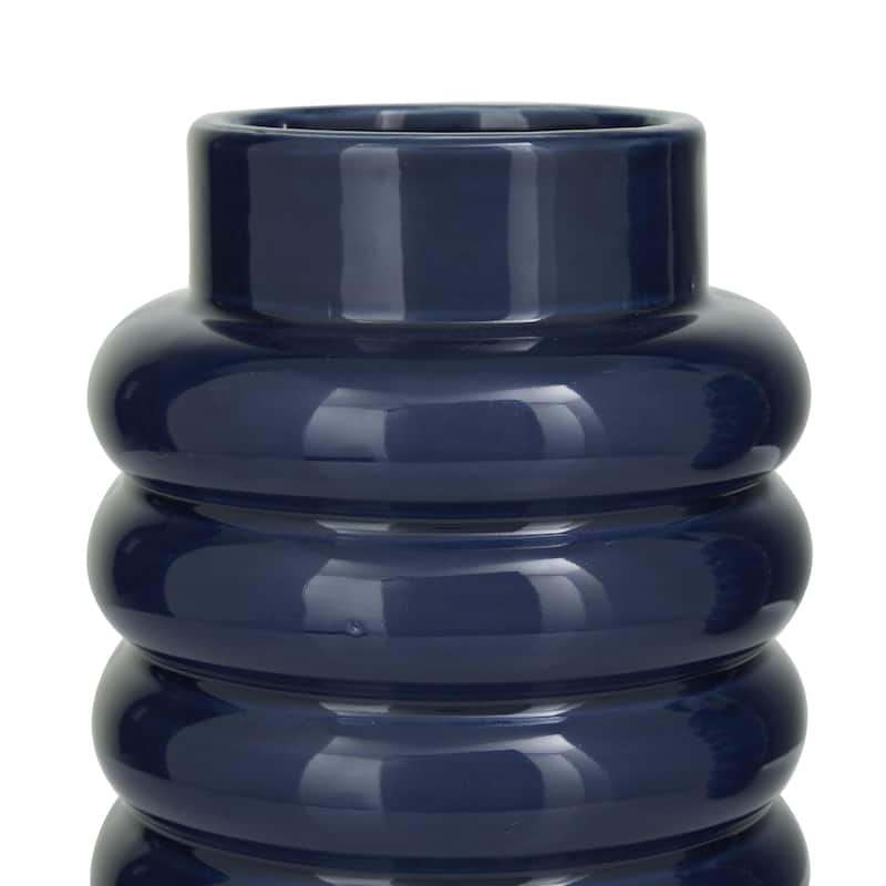 Ceramic Decorative Vase with Ring Ribbing - Set of 2 White, Yellow, Dark Blue - CosmoLiving by Cosmopolitan