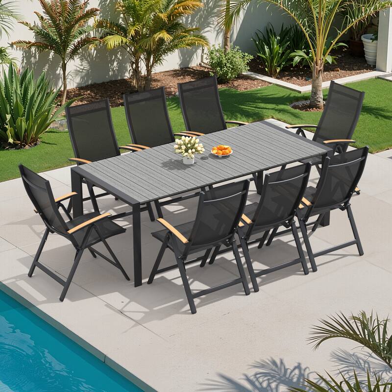 7/9-Piece Outdoor Patio Furniture Set Outdoor Aluminum Dining Table and Folding Chairs - Grey - Set of 9