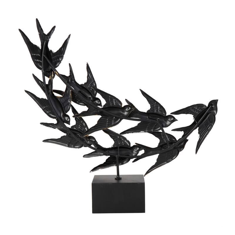 Black Metal Metallic Flying Bird Decorative Sculpture with Black Block Base
