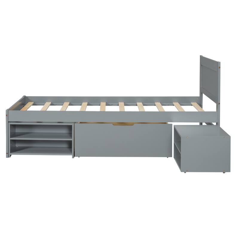 Twin Size Modern Platform Bed with Drawer and Two Storage Shelves