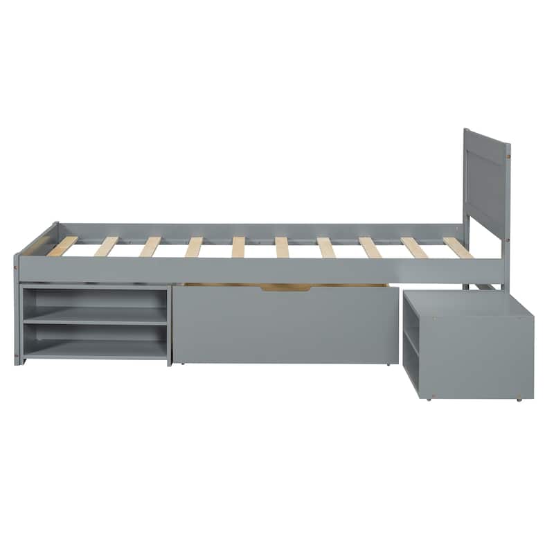 Twin Size Platform Bed With Drawer And Two Shelves, Gray